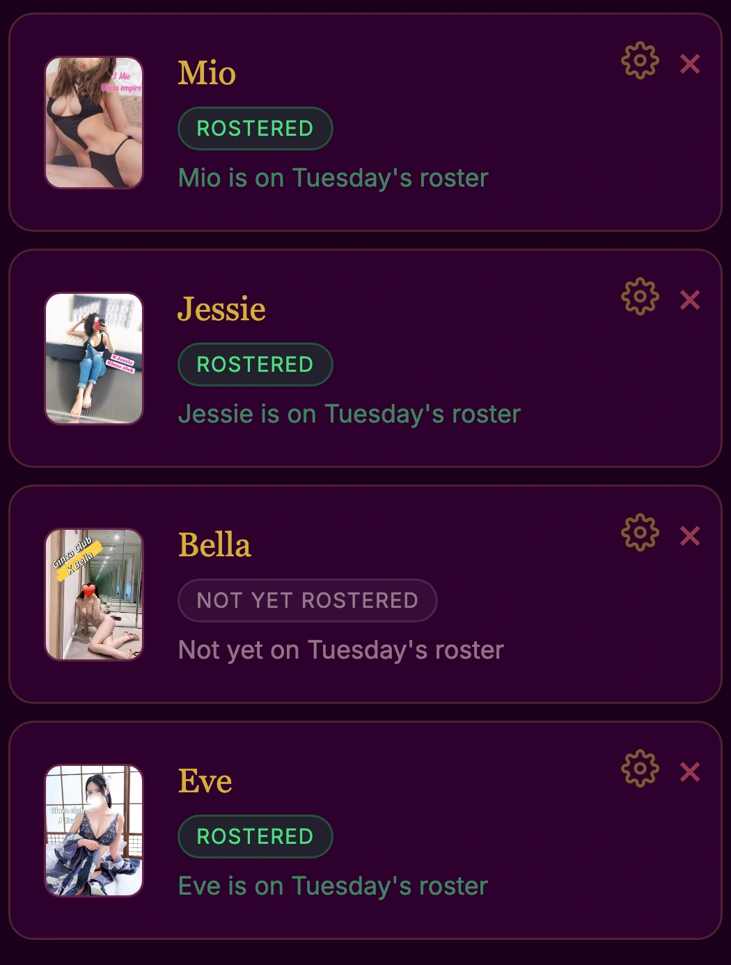Sample watchlist: Mio, Jessie, Bella and Eve